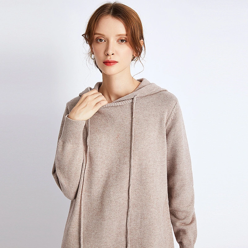 Custom Logo Womens Hoodies Sweatshirt Loose Lightweight Hooded over-knee long knitted Sweater Dress Pullover