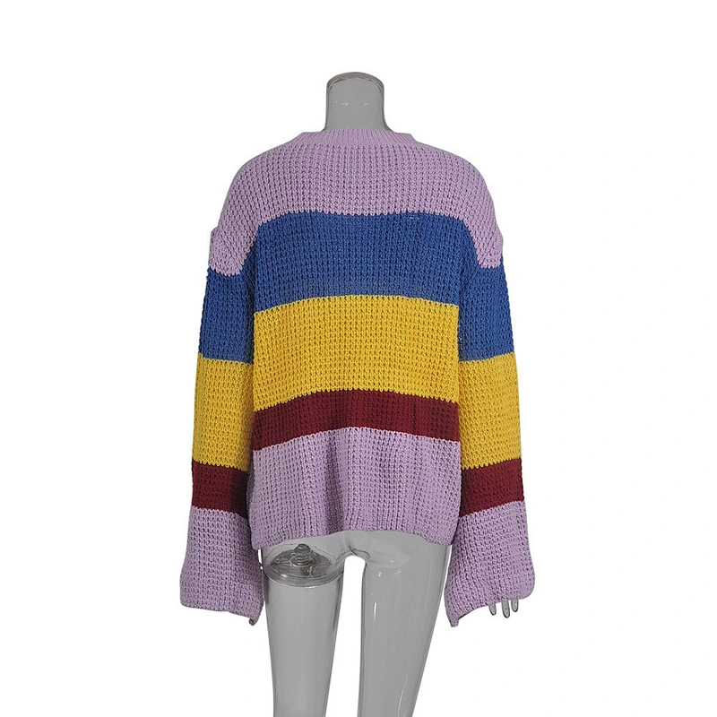 Three-Color Stitching Long-Sleeved Loose Pullover Sweater