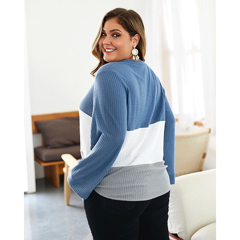 Women Plus Size Pullover Sweaters Ruffle Sleeve Patch work Knitted V- Neck Full Button Warm Sweater Tops