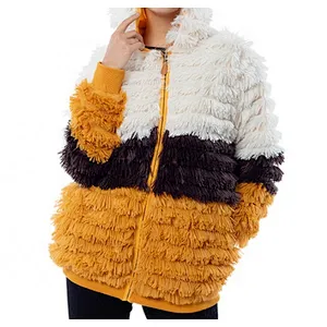 Womens Luxury Winter Jacket Outwear Color Block PV Fleece Full Zip Sherpa Hooded Jacket Coat