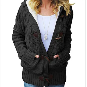 High Quality Fashion Warm Fur Hood Horn Button Sweater Cardigan