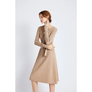 Amazon Hot Womens Long Sweater Dress Crew neck Front Belted Beading Cuff knitted Tunic Sweater Pullover
