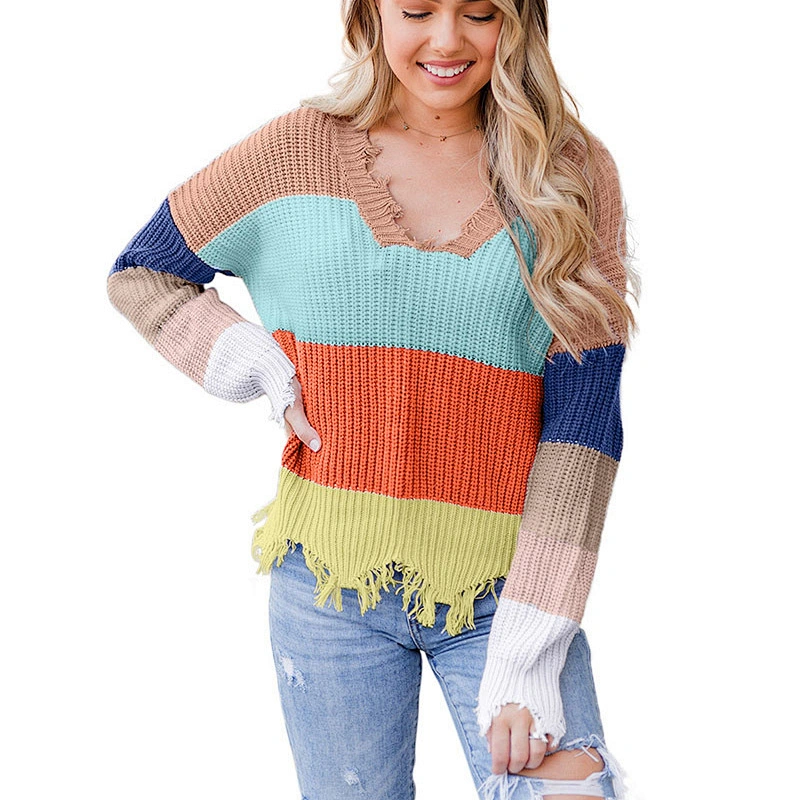 Wholesale High Quality Stylish Multi-Color Striped V neck Irregular Raw Edge Knit Women Sweater