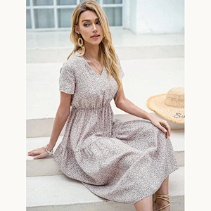 New Arrival V Neck Ditsy Floral A-line Dress ladies dresses 2021 elegant