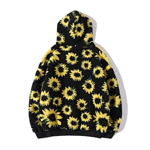 2021 New Arrival Sunflower Printed Lamb Wool Sweatshirt Front Belt Sherpa Fleece Hoodies