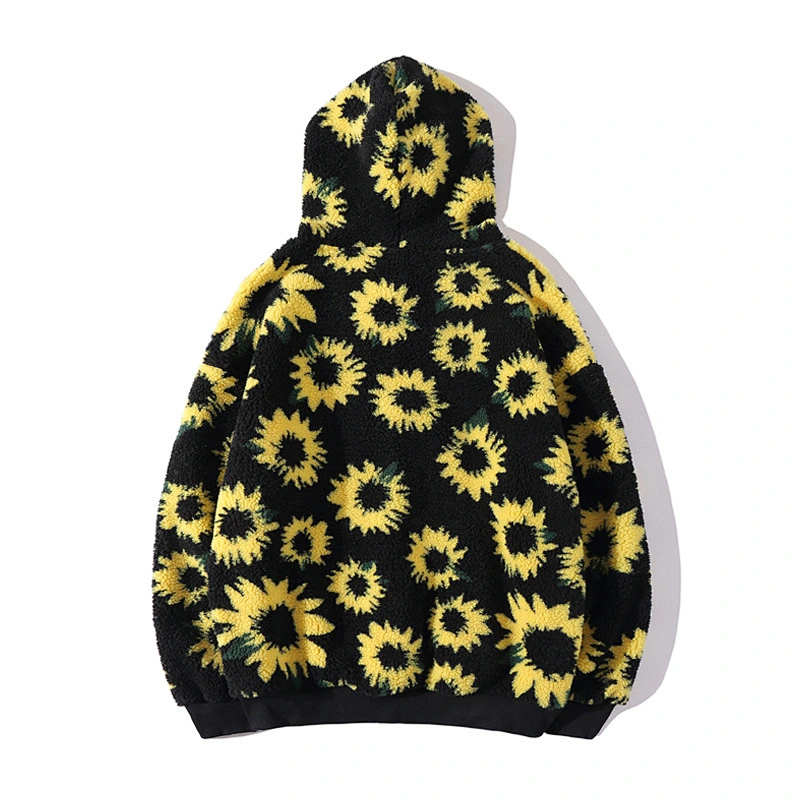2021 New Arrival Sunflower Printed Lamb Wool Sweatshirt Front Belt Sherpa Fleece Hoodies