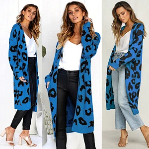 Trendy female knit sweater long sleeve women extra long leopard cardigan without buttons