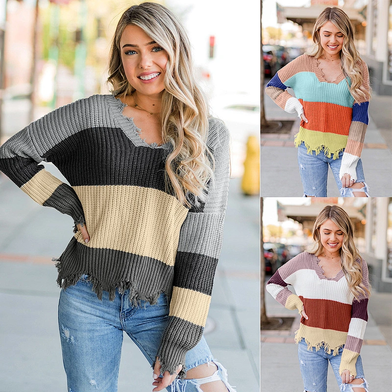 Wholesale High Quality Stylish Multi-Color Striped V neck Irregular Raw Edge Knit Women Sweater