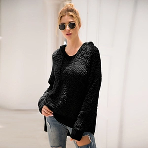 Brand New Design Fashion Sweater pullover Plain Loose Women Knit Hoodie with drawstring