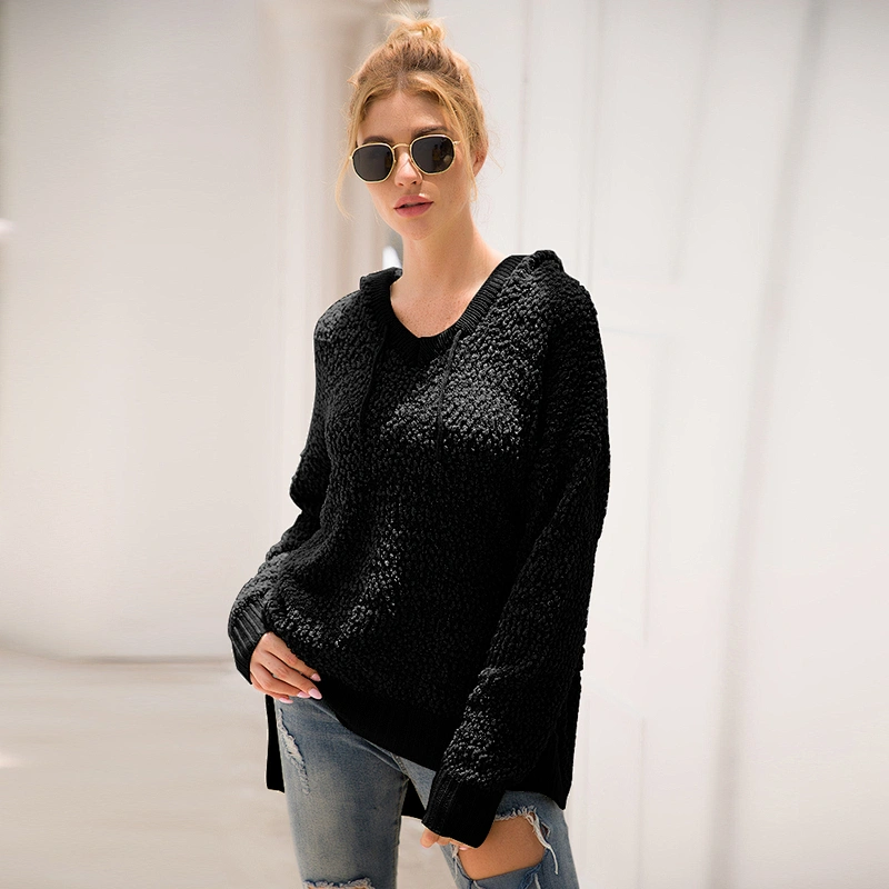 Brand New Design Fashion Sweater pullover Plain Loose Women Knit Hoodie with drawstring