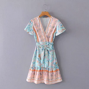 2021 New Allover Floral Print Belt Wrap Dress