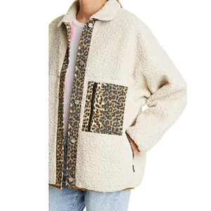 Lady Fashion Winter Warm Teddy Coat Full Button Leopard Trim Sherpa fleece Jacket