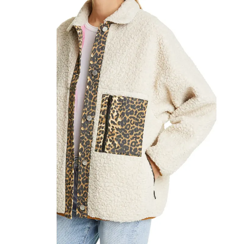 Lady Fashion Winter Warm Teddy Coat Full Button Leopard Trim Sherpa fleece Jacket