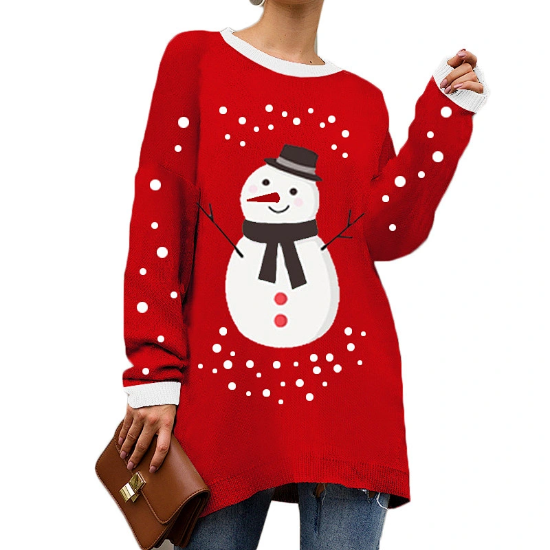 Wholesale Custom Pullover S-XXL Winter Snowman Snowflake Knitting Red Women's Sweater
