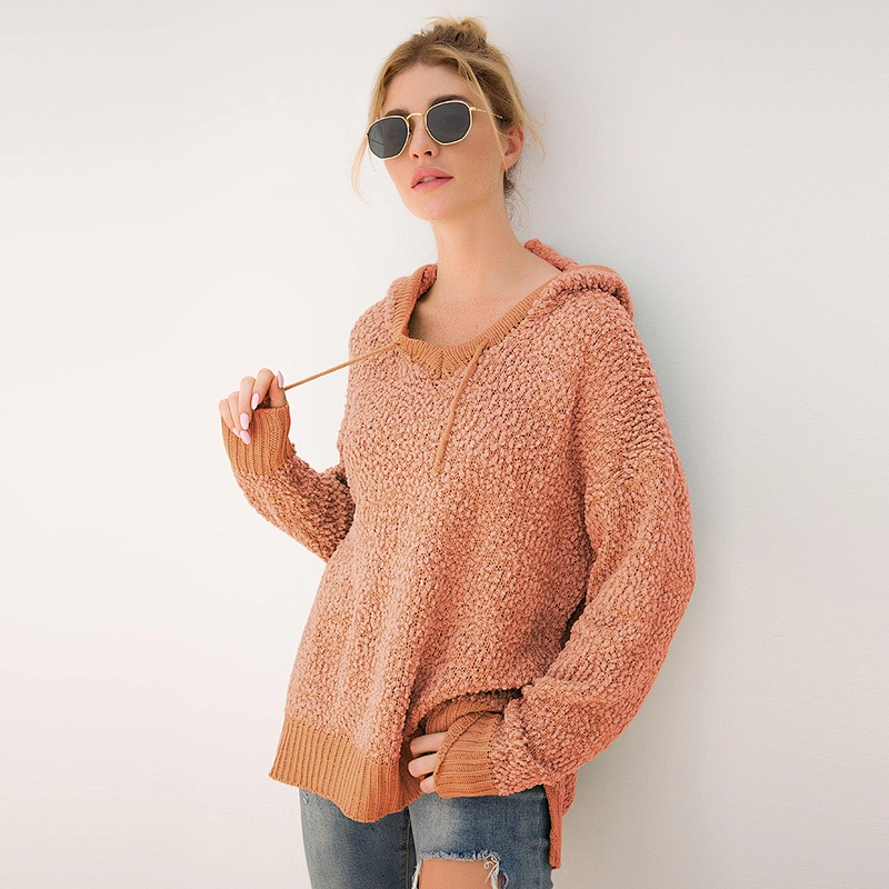 Brand New Design Fashion Sweater pullover Plain Loose Women Knit Hoodie with drawstring