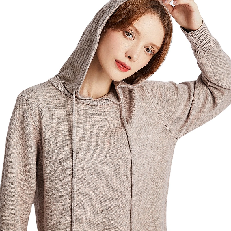 Custom Logo Womens Hoodies Sweatshirt Loose Lightweight Hooded over-knee long knitted Sweater Dress Pullover