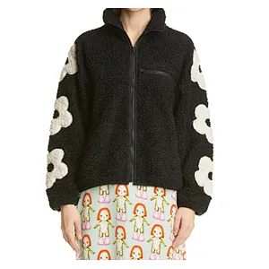 Women's Teddy Coat Casual Lapel Fuzzy Faux Full Zipper Outwear Winter Grass Floral Sherpa Fleece Jacket
