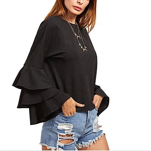 Long Sleeve White Crew Neck Ruffle Shirt Ladies Work Wear Chiffon Blouse