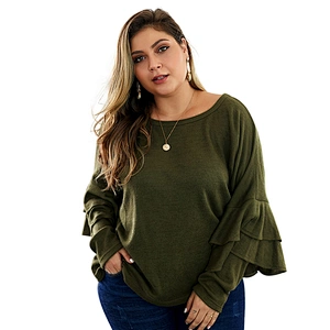 Women Plus Size Pullover Sweater Ruffle Sleeve Solid Color  Knitted Crew Neck Sweater Tops