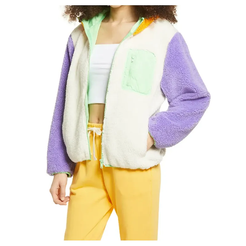 Custom Logo Winter Warm Fax Fur Outwear Full Zipper Solid Color Sherpa Fleece Jacket with Pocket