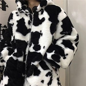 Fuzzy Cow Color Printing Plush Hooded Coat Sweatershirt Full Zip Fleece Hoodeis Sherpa Jacket Pullover
