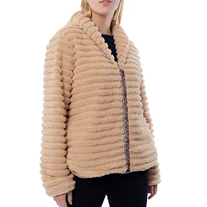 Amazon hot  Womens Solid color Outwear Stripe Full Zipper Leopard Printing Sherpa Fleece Jacket Coat