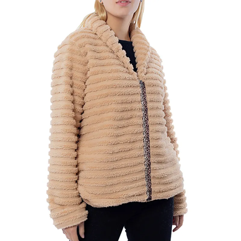 Amazon hot  Womens Solid color Outwear Stripe Full Zipper Leopard Printing Sherpa Fleece Jacket Coat