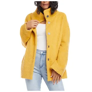Custom Logo Womens Middle long Solid color Outwear Funnel Neck Button Sherpa Jacket Coat