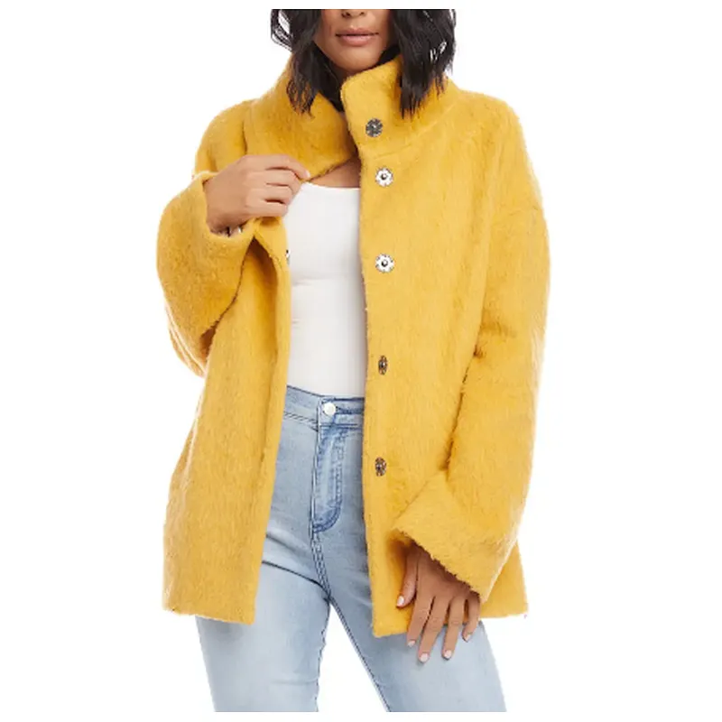 Custom Logo Womens Middle long Solid color Outwear Funnel Neck Button Sherpa Jacket Coat