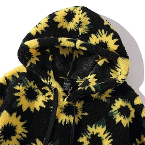 2021 New Arrival Sunflower Printed Lamb Wool Sweatshirt Front Belt Sherpa Fleece Hoodies