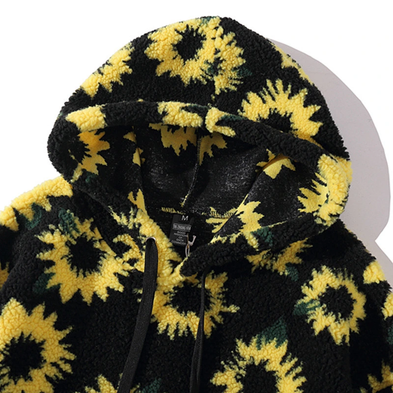 2021 New Arrival Sunflower Printed Lamb Wool Sweatshirt Front Belt Sherpa Fleece Hoodies