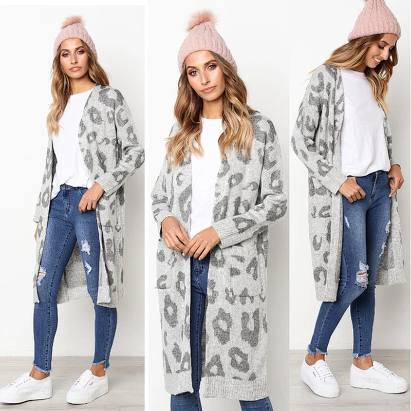 Trendy female knit sweater long sleeve women extra long leopard cardigan without buttons
