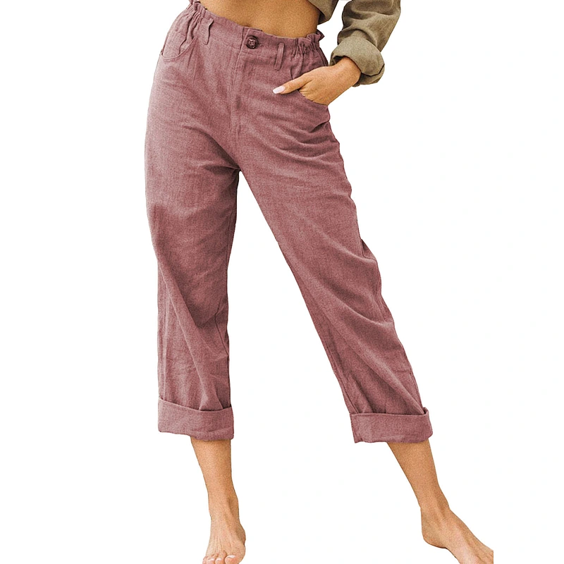 Factory sale Wish and Amazon's new style pure color cotton linen trousers women's fashion loose-waisted slacks