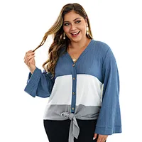 Women Plus Size Pullover Sweaters Ruffle Sleeve Patch work Knitted V- Neck Full Button Warm Sweater Tops