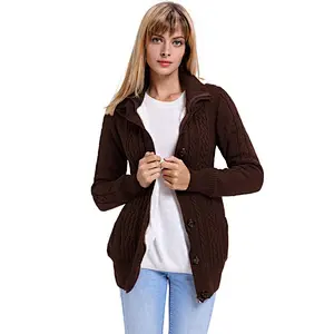 Women's Long Sleeve Button-up Hooded Cardigans Knit Sweater Blouse