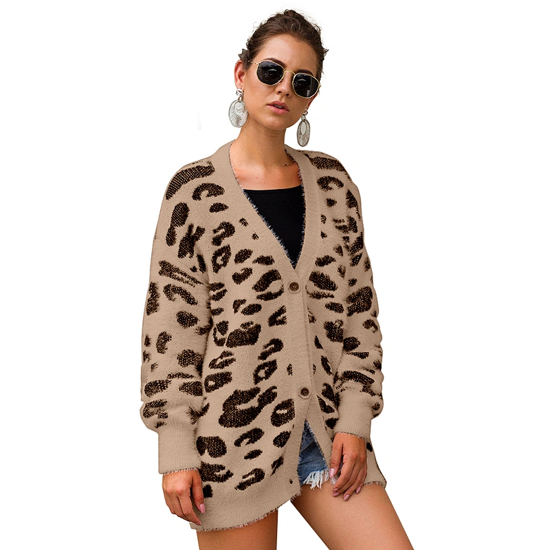 Trendy cashmere sweater Long sleeve Tree color Leopard Print knitted sweater cardigan