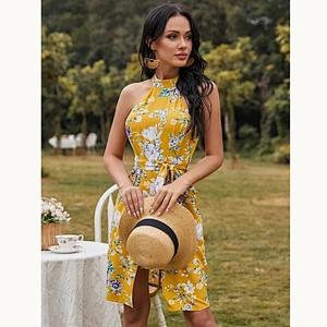 2021 New Floral Print Belted Halter Dress