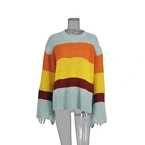 Three-Color Stitching Long-Sleeved Loose Pullover Sweater