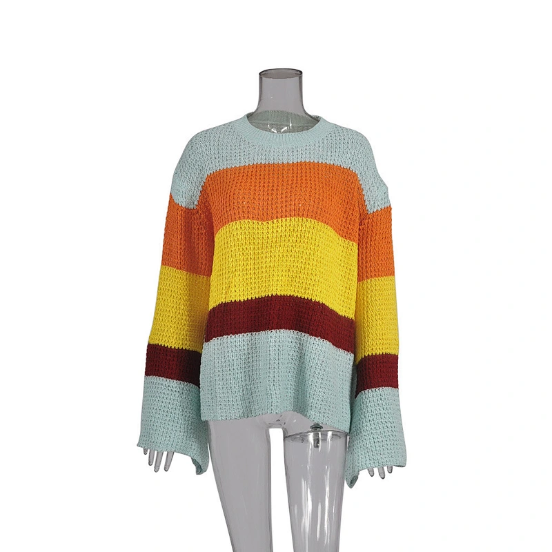 Three-Color Stitching Long-Sleeved Loose Pullover Sweater