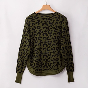 Fancy Stylish Women pullover jumper Long sleeve Striped Hem White Leopard Knit Sweater