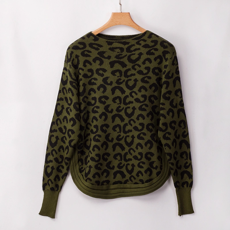 Fancy Stylish Women pullover jumper Long sleeve Striped Hem White Leopard Knit Sweater