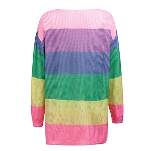 2019 Autumn Side Slit Sweater Horizontal Colorful Stripe Oversize Knit Sweater Women