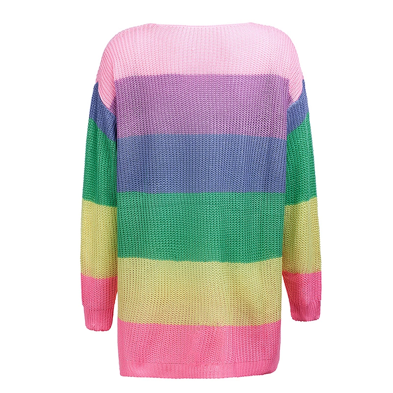 2019 Autumn Side Slit Sweater Horizontal Colorful Stripe Oversize Knit Sweater Women