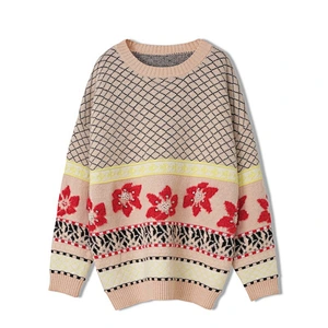 OEM/ODM Lady Fashion Vintage Style Loose Pullover Sweater Tops Lattice Printing Beaded Knitted Sweater