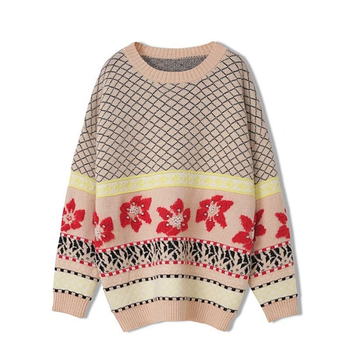 OEM/ODM Lady Fashion Vintage Style Loose Pullover Sweater Tops Lattice Printing Beaded Knitted Sweater
