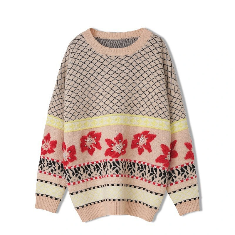 OEM/ODM Lady Fashion Vintage Style Loose Pullover Sweater Tops Lattice Printing Beaded Knitted Sweater