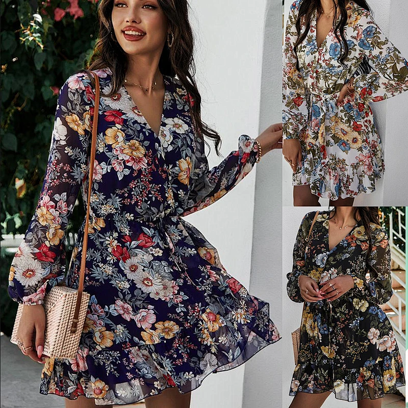 2021 New Floral Surplice Neck Belted Dress