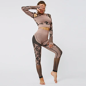 Wholesale camouflage hollow-out yoga suit 2PCS female fitness legging seamless sports long sleeve hip tights yoga pants
