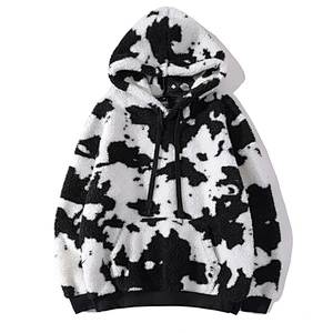 Factory Direct Kangaroo Pocket Wool Lamb Hooded Sweatshirt Cow Printing Sherpa Hoodie Fleece pullover