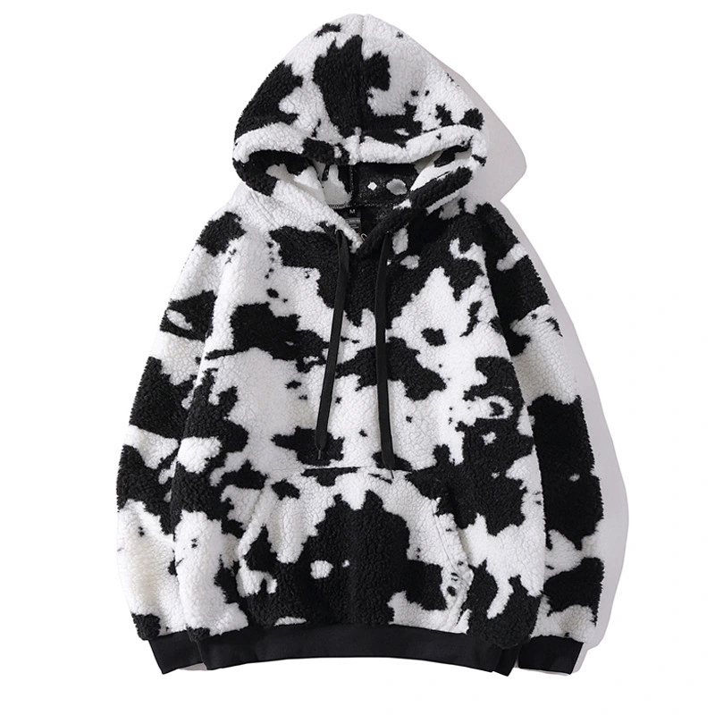 Factory Direct Kangaroo Pocket Wool Lamb Hooded Sweatshirt Cow Printing Sherpa Hoodie Fleece pullover